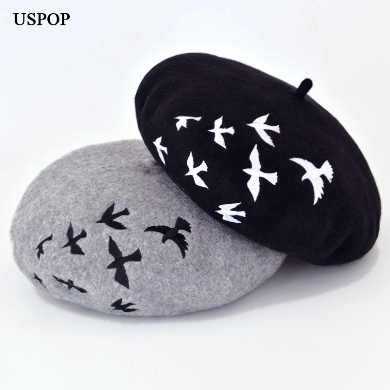 Best USPOP Hot Fashion women berets female 100% wool beret casual wool thick warm winter hat cute bird embroidery berets painter hat