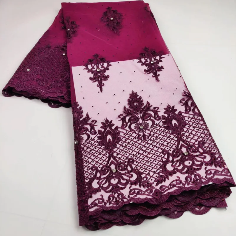 

Free shipping (5yards/pc) deep purple embroidered French net lace fabric with hot fixed stones for high grade party dress FLW07
