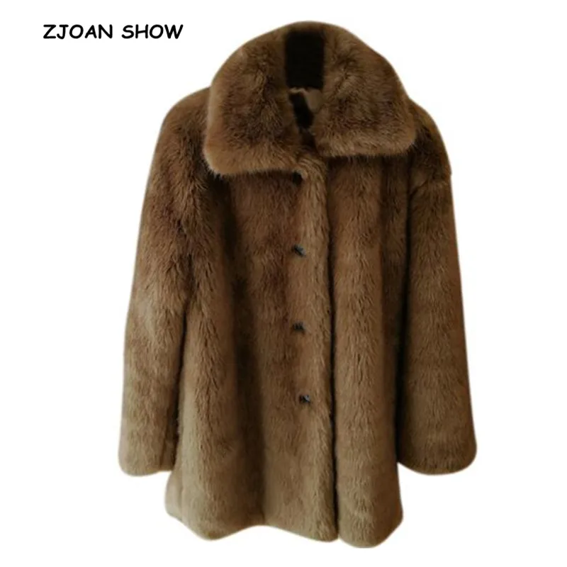 

2018 New Women Winter Shaggy Hairy Faux Fox Fur Coat Vintage Korea Loose Lapel Single-Breast Keep Warm Fur Jacket Femme Outwear
