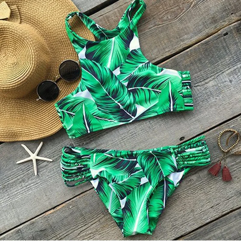 

Swimsuit Summer Tropical Bikinis Set 2018 Brazilian High Neck Tank Crop Top Push Up Bikini Leaves Print Swimwear Bathing Suit