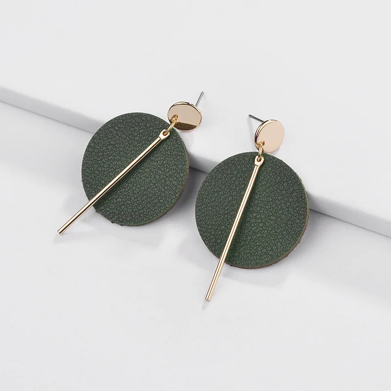 

5 Colors Geometric Round Leather Charms Circle Earrings Stick Hang Fashion Brand Women Jewelry Alloy Stud Earrings