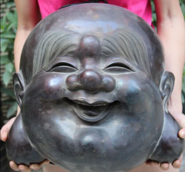 

005179 14" Old Chinese Purple Bronze Happy Laugh Smile Maitreya Buddha Head Mask Statue