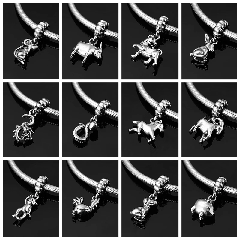 

Real 925 Sterling Silver 12 Chinese Zodiac Lucky DIY Gift Pendant Charm Beads Fit Original Pandora Charm Bracelet Jewelry making