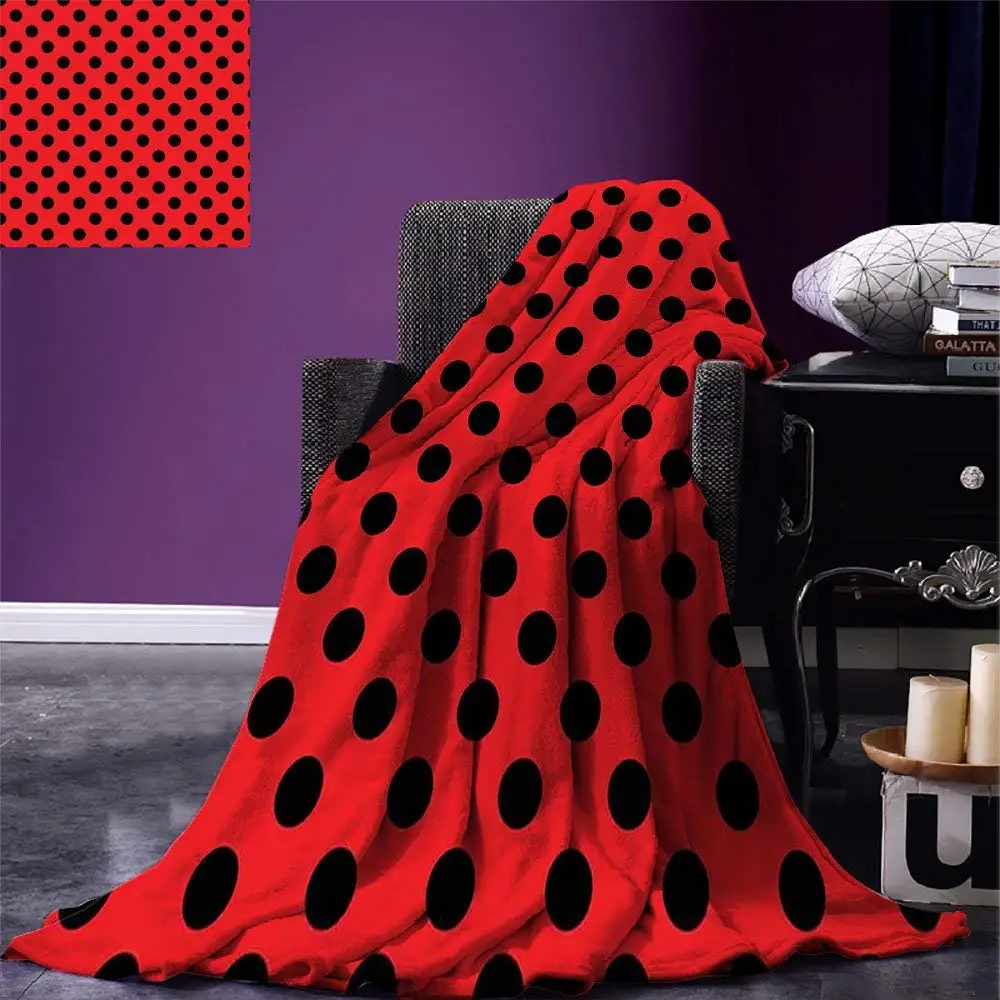 

Red and Black Throw Blanket Retro Vintage Pop Art Theme Old 60s 50s Rocker Inspired Bold Polka Dots Image Microfiber