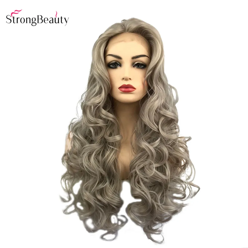 StrongBeauty серебристо-серый парик на кружеве для черных женщин длинные волнистые волосы синтетический парик 24"