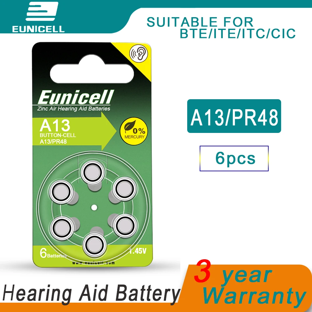 

6pcs/card NEW Zinc Air 1.45V Eunicell Hearing Aid Batteries A13 13A 13 P13 PR48 Hearing Aid Battery A13 13A PR48 Button Battery