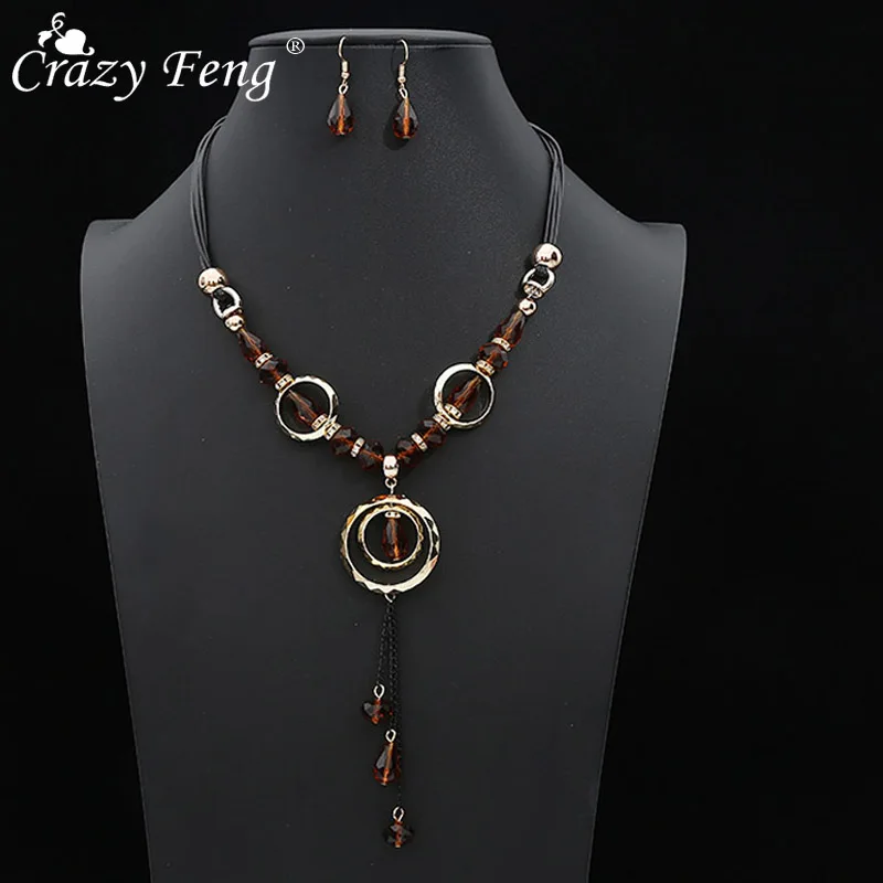 Crazy Feng Luxury Acrylic Beaded Jewelry Set Long Pendant Necklaces Drop Earrings For Women Vintage Dubai Costume Jewerly NE+EA