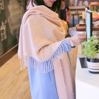 

New Pearl Nail Bead Soft Scarves Tassel Woolen Big Tippet Pashmina Blanket Women Winter Scarf Solid Thick Warm Knitted Scarves