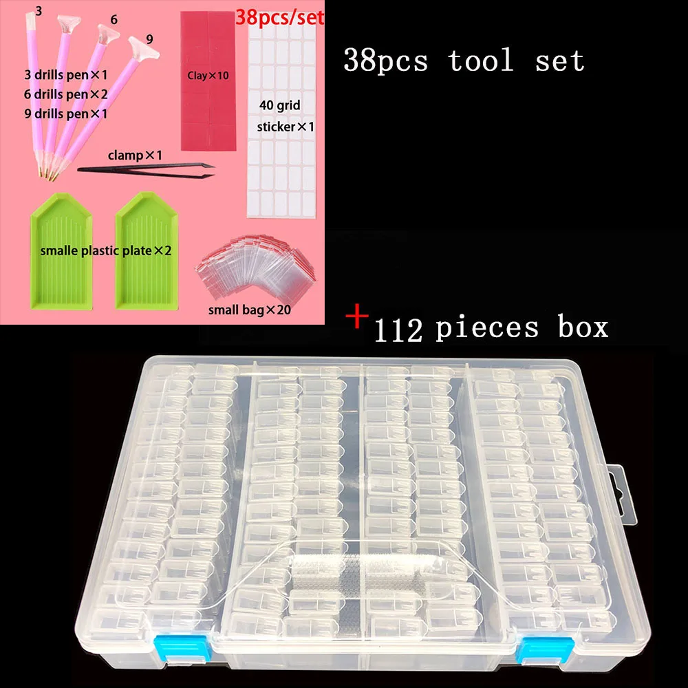 112 шт., регулируемые аксессуары для алмазной живописи, контейнер для инструментов, коробка для хранения, коробка для алмазной живописи, Daimond, аксессуары для рисования - Цвет: 38pcs set and 1 box
