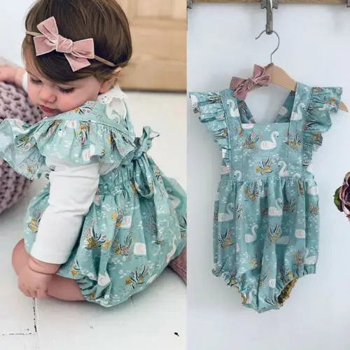 

New Arrival Autumn Newborn Infant Baby Girl Cute Floral Swan Ruffle Romper Active Jumpsuit Outfits 0-24M