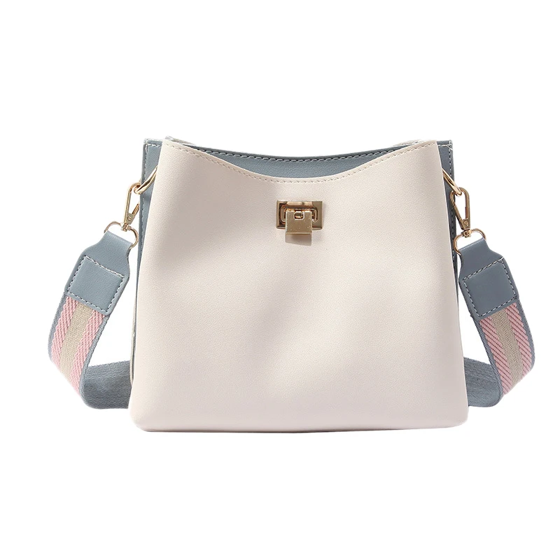 

Sweet Lady Bucket Bag Pu Leather Crossbody Bags for Women Wide Strap Bags Shoulder Bag Luxury Panelled Messenger Bags