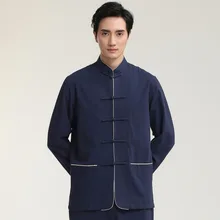 Темно-синий китайский мужское хлопковое белье рубашка традиционные кунг-фу Тай Чи Рубашки Винтаж длинный рукав Тан костюм Топы M L XL XXL 2707-3