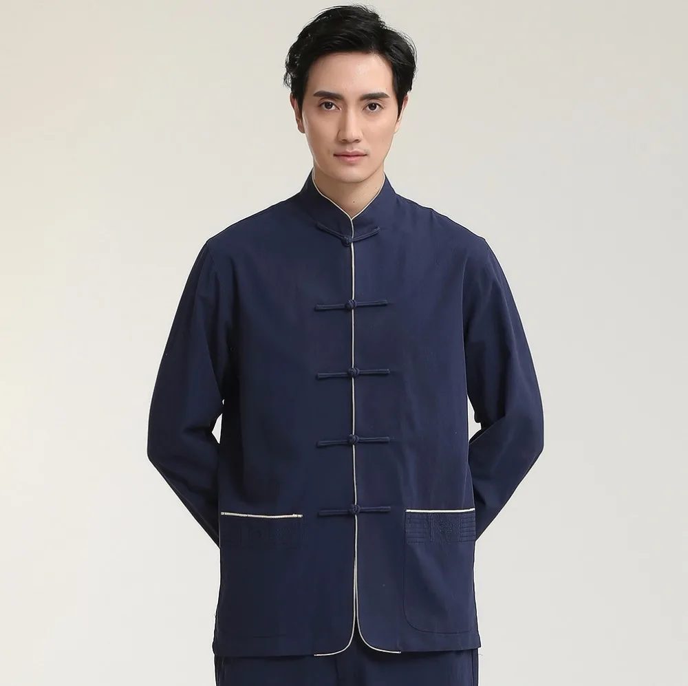 

Navy Blue Chinese Men Cotton Linen Shirt Traditional Kung Fu Tai Chi Shirts Vintage Long Sleeve Tang Suit Tops M L XL XXL 2707-3
