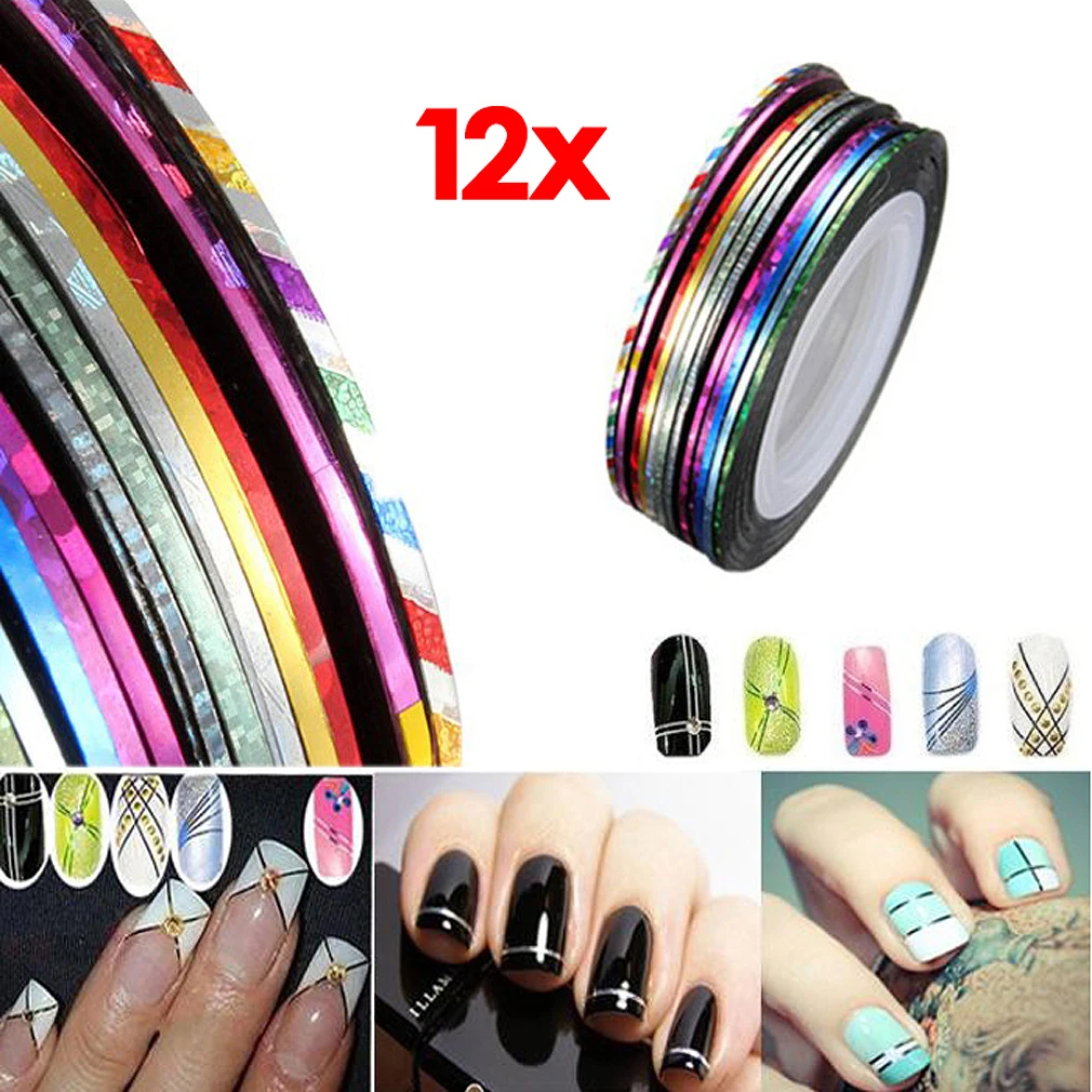 

Mixed 12 Color Nail Art Tips Nail Tape Trim Line Striping Rolls Sticker NEW
