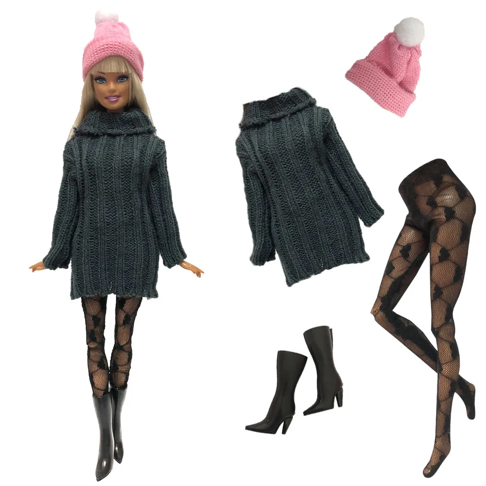 

NK 4 Items/Set Doll Dress Fashion Model Coat Outfit Daily Sweater Hat+Shoe+Stocking For Barbie Doll Accessories Baby Toys 04C