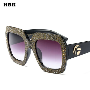 

HBK High Quality Oversized Rhinestone Sunglasses Women Brand Designer 2018 Luxury Leopard Black Square Sun Glasses Female Gift
