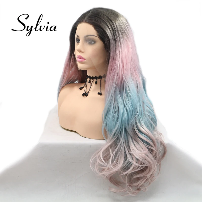 Sylvia Blue Pink Ombre Multi Colored Synthetic Lace Front Wigs With Dark Roots Natural Wave Heat Resistant Fiber Hair for Women