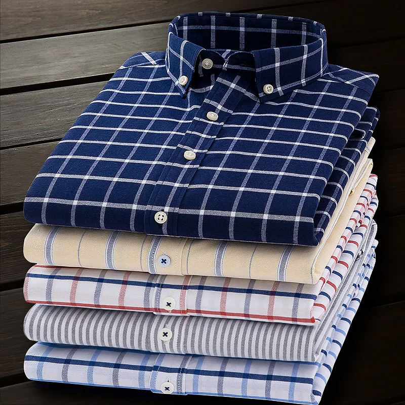 

2019 Top Sell Pure Color Stripe Plaid Oxford Formal Casual Long Sleeves Shirt Men Slim-fit Navy Blue Green Colorful Soft Camisa