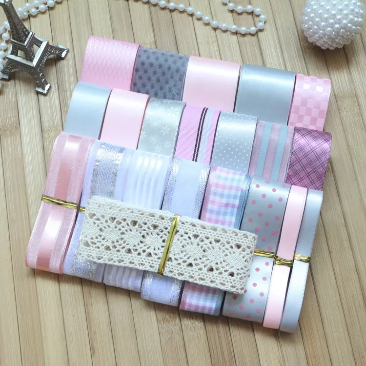 

DIY ribbon set---- pink&silver(gray) color mix ribbon set(total 22 yard)