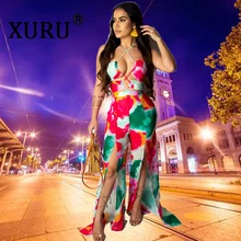 XURU summer new women's jumpsuit high slit large size loose type print jumpsuit sexy strap nightclub jumpsuit plunge floral print side slit jumpsuit