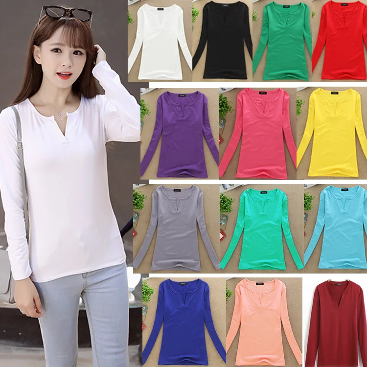 

Spring Autumn New Korean Long-sleeved Female Solid Color Deep V-neck Slim Slimming Bottoming Shirt Plus Velvet Warm