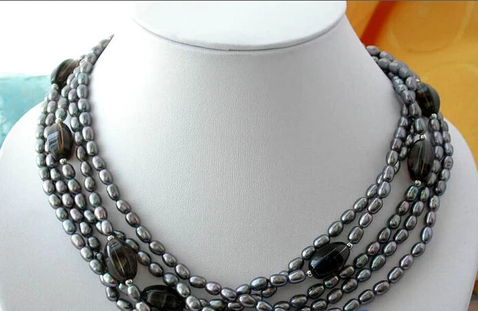 

CB161 5ROW 18" BLACK RICE CULTURED PEARL SMOKY TOPCZ NECKLACE