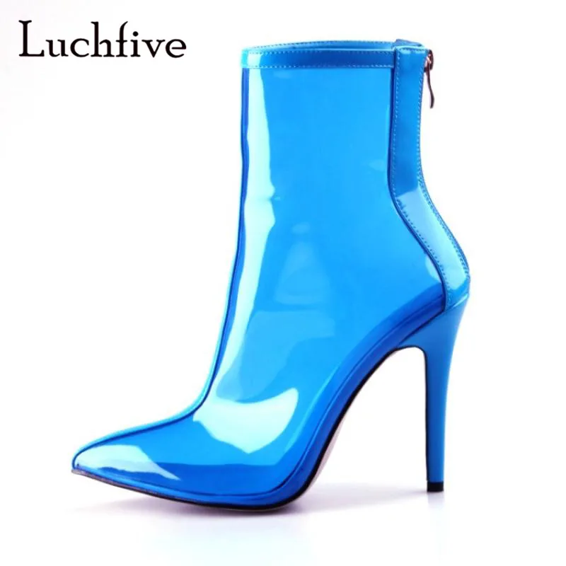 

Fashion transparent thin high heels short boots sweet candy colors pointed toe shoes women blue green back zipper botas mujer