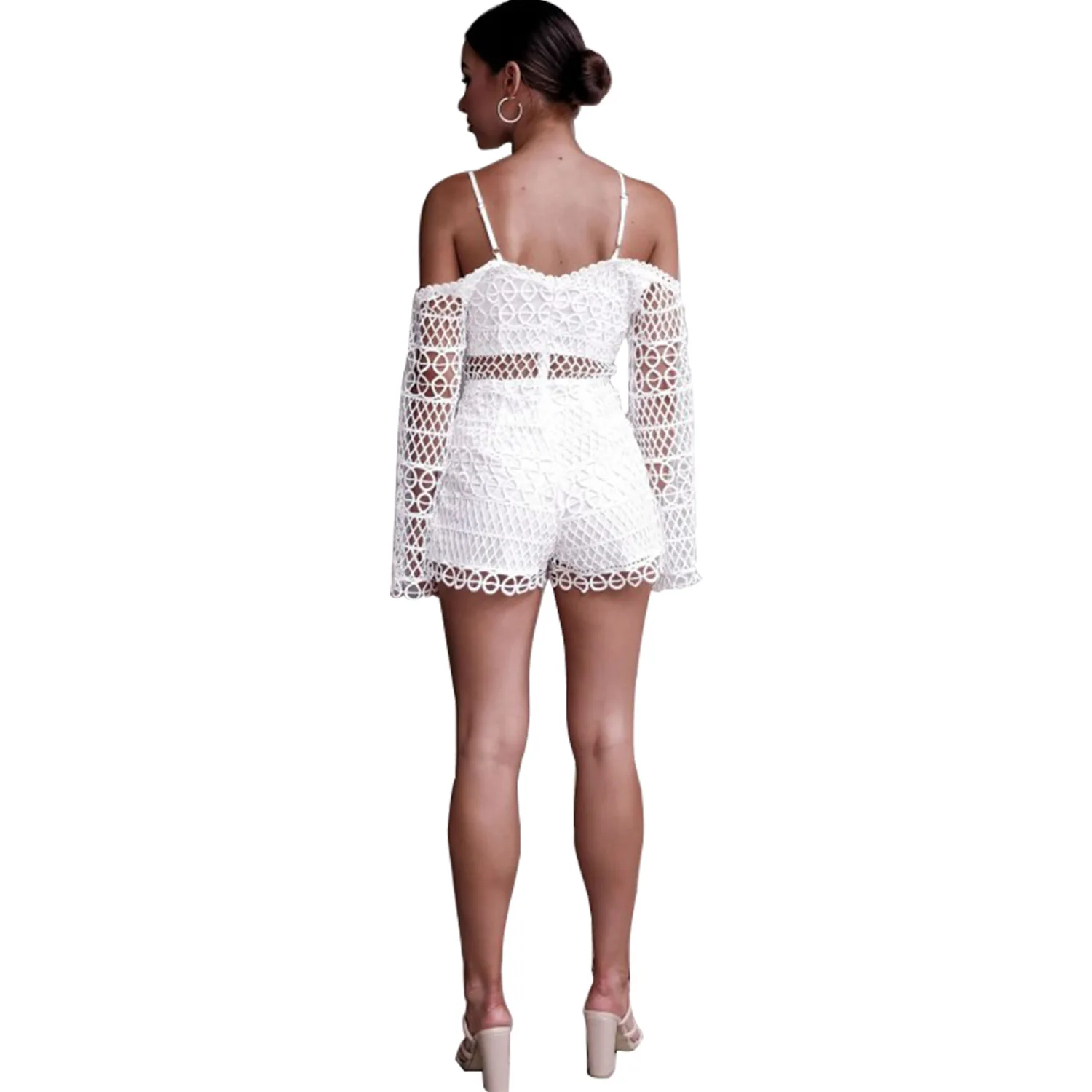 white lace sexy Bodysuit Women Hollow Out knitted bandage Rompers long sleeve jumpsuit Bodycon Overalls