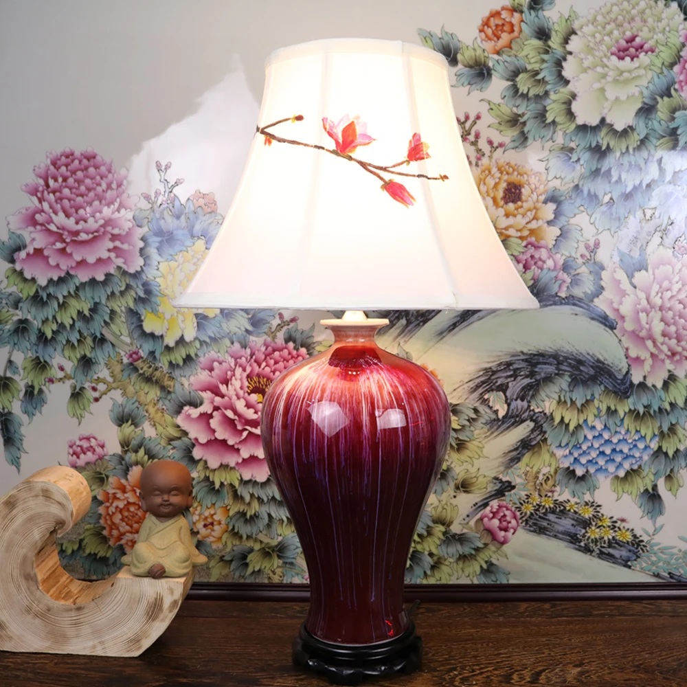 Vintage chinese porcelain ceramic table lamp bedroom living room wedding table lamp Jingdezhen large bedside table red glazed (1)