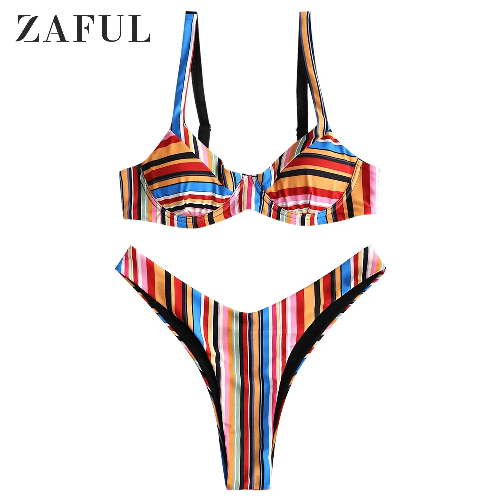 

ZAFUL 2019 New Rainbow Underwire Bikini Set Push Up High Cut Bikini Set Low Waist Striped Swimsuit Brazilian Sexy Thong Bikini