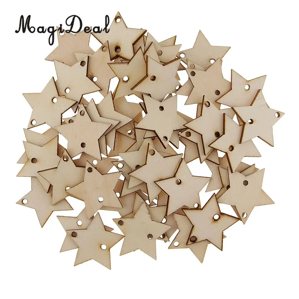 50pcs 35mm Unfinished Wooden Disc Star Tags MDF Wood Cutouts Crafts Embellishment With 2 Holes for DIY Wooden Board Decorations