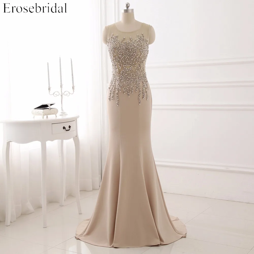 

Mermaid Sleeveless Evening Dress Beading and Crystal Long Formal Evening Gown Illusion Back Party Dress YY511