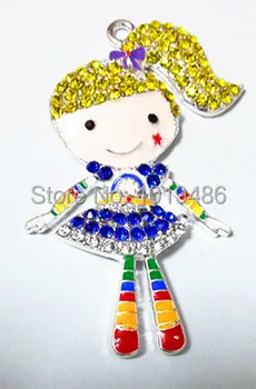 

Hot sell!! 56x32mm10pcs/lot silver Zinc alloy rhinestone Yellow hair Rainbow girl Pendant for Jewelry Necklace making