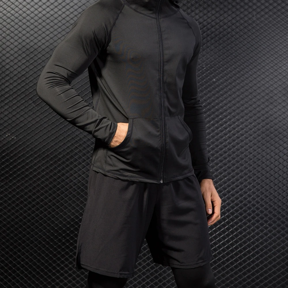 Mens Gyms Sportswear Suit Tight Workout Elasticity Hoodies+Shorts Quick Dry Tight Trainings Fitness SportSuit 2Piece