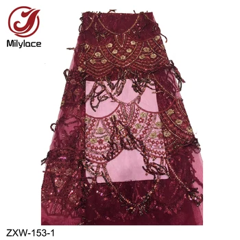 

High Quality Wine African Wedding Lace Fabric Hot Selling French Net Lace Fabric Sequins Tassel with Stone Lace Fabric ZXW-153