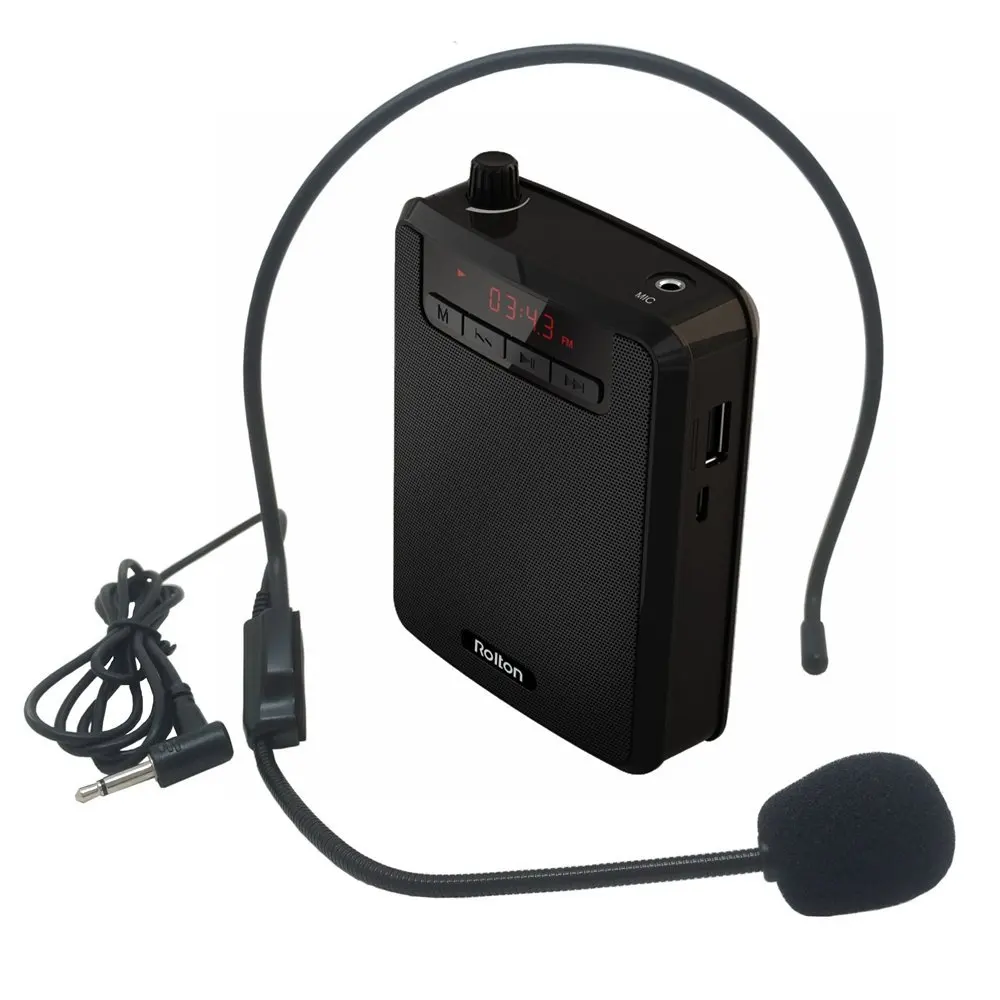 Портативный усилитель голоса Rolton K300, поясная полоса, зажим с fm-радио, TF, MP3 плеер, Дополнительный внешний аккумулятор для Гидов, микрофон для учителя - Цвет: Black