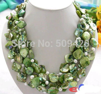 

FREE SHIPPING>>>@ Shipping>>>4row 20" 18mm green square shell white pearl necklace new