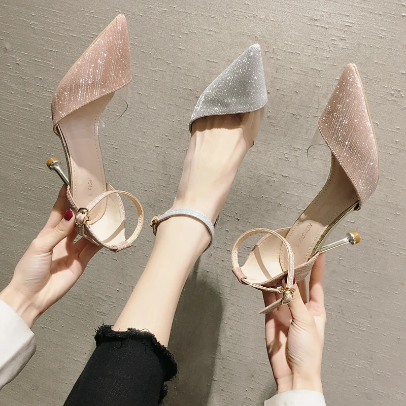 

Korean version of the best selling pointed word buckle with sequin cloth transparent PVC single shoes sexy work shoes high heels