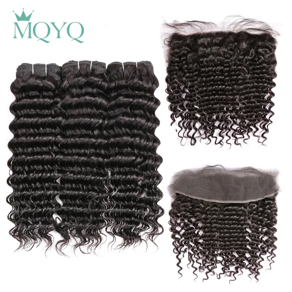 melhor MQYQ Malaio Onda Profunda Do Cabelo Humano 2 3 Pacotes com Orelha a Orelha Fechamento 4 13x4 lace Frontal Encerramento com Bundles Cabelo Não Remy