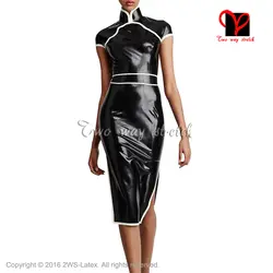 Пикантные черные сапоги и белый планки долго латекс платье Ципао в китайском стиле резиновая платье Sleeveess Playsuit Bodycon Большие размеры XXXL QZ-108