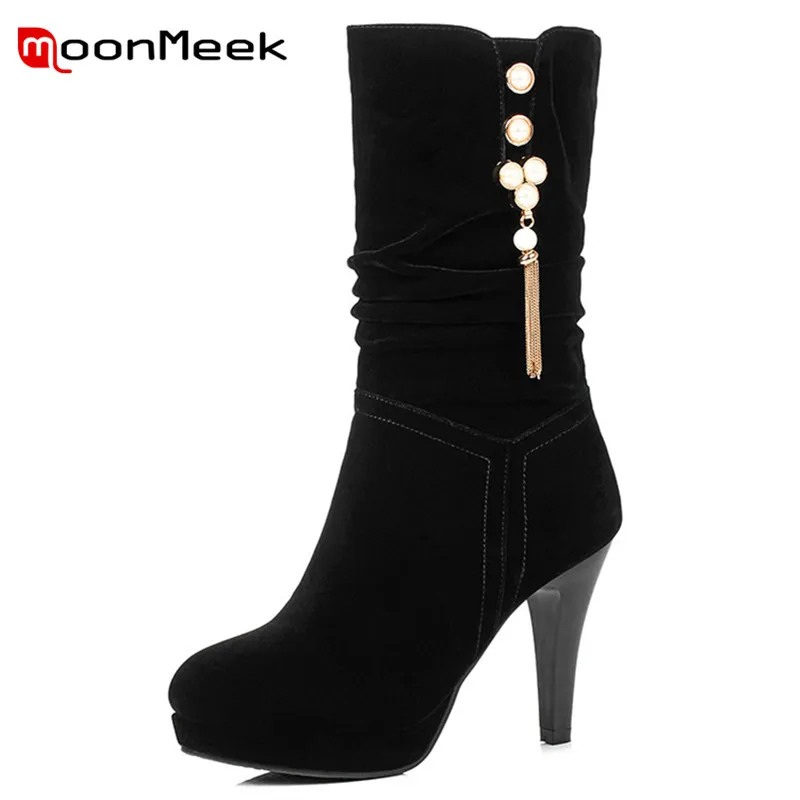 

MoonMeek hot sale 2020 flock woman boots super high heel autumn winter ladies boots popular black mid calf boots platform shoes