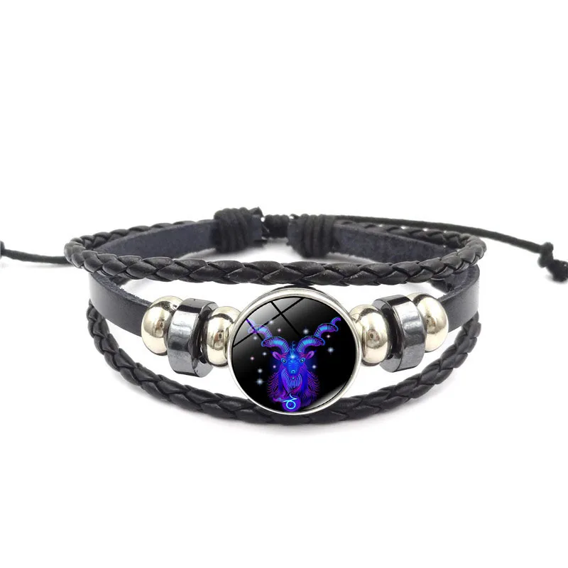 

2019 12 Zodiac Zodiac Black Woven Leather Bracelet Cancer Leo Virgo Libra Woven Glass Dome Jewelry Punk Unisex Bracelet Gifts