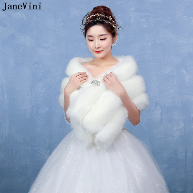 Disc JaneVini 2019 Elegant White Shawl Women Bolero Bridal Faux Fur Wraps for Wedding Evening Capes Winter Cloak Wedding Accessories