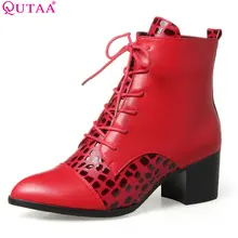 QUTAA/ г. Женские ботильоны женские зимние ботильоны красного цвета на высоком квадратном каблуке, на шнуровке, с острым носком, из микрофибры размер 33-43