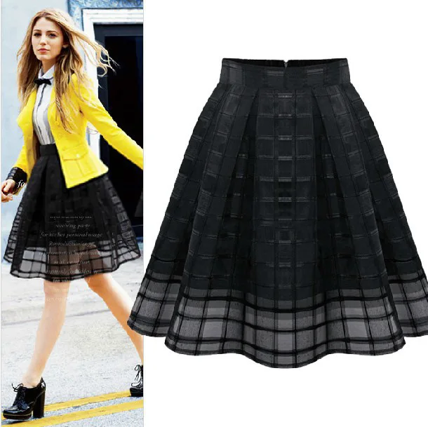 2015 Women Organza Grid Skirt Girl Casual font b Tartan b font Pleated Short Skirt