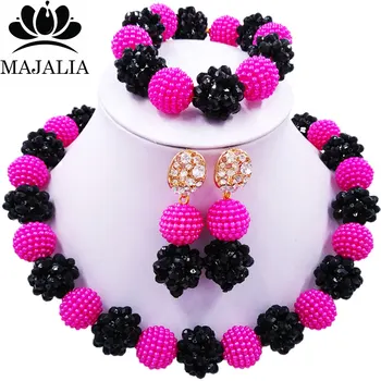 

Majalia Fashion Nigeria Wedding African Beads Jewelry Set Hot pink Crystal Plastic Pearl Necklace Bridal Jewelry Sets 1ZS032