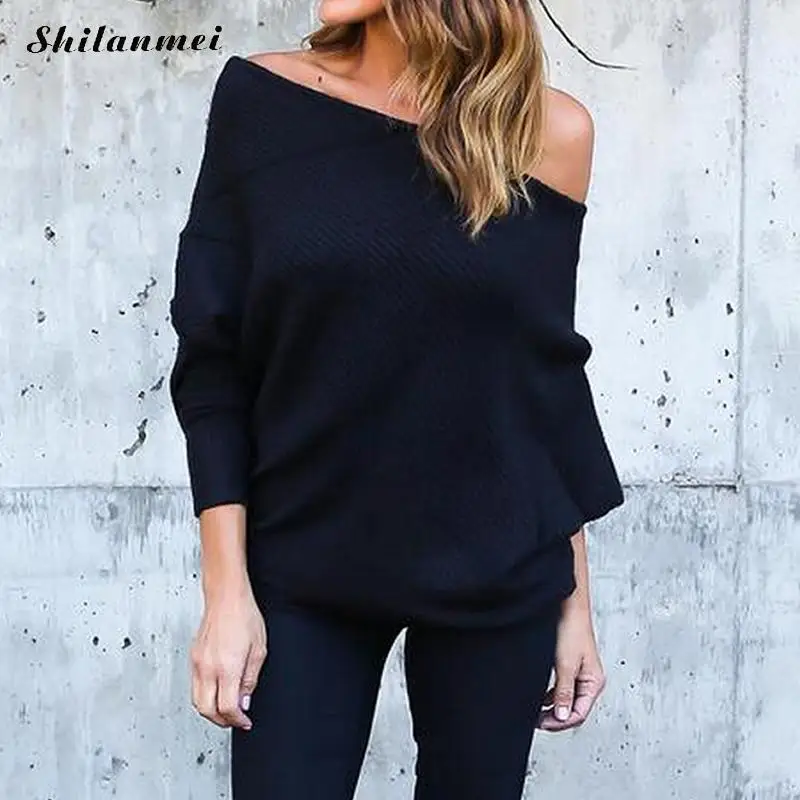 2017 Сексуальная с плеча вязаный свитер вырезом лодочкой Для женщин пуловеры осень