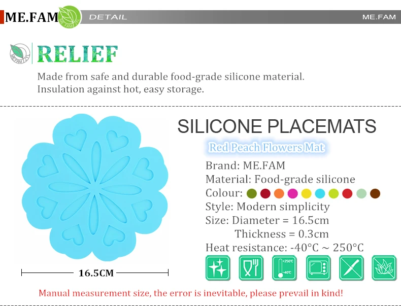 ME. FAM 1 шт. 16,5 см Красный Персик цветы силиконовые коврики Нескользящие теплоизоляционные подставки для тарелок для кафе кухни офиса