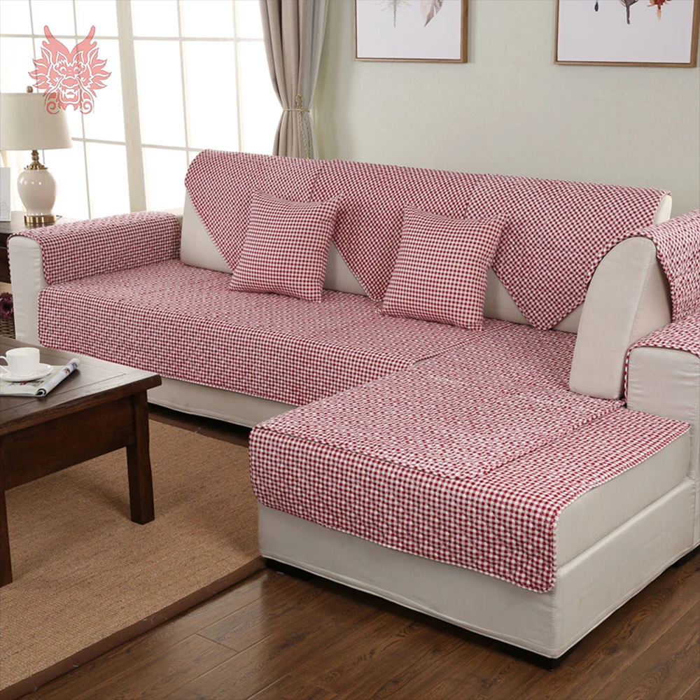 Pastoral coffee pink plaid linen cotton quilting sofa cover slipcovers