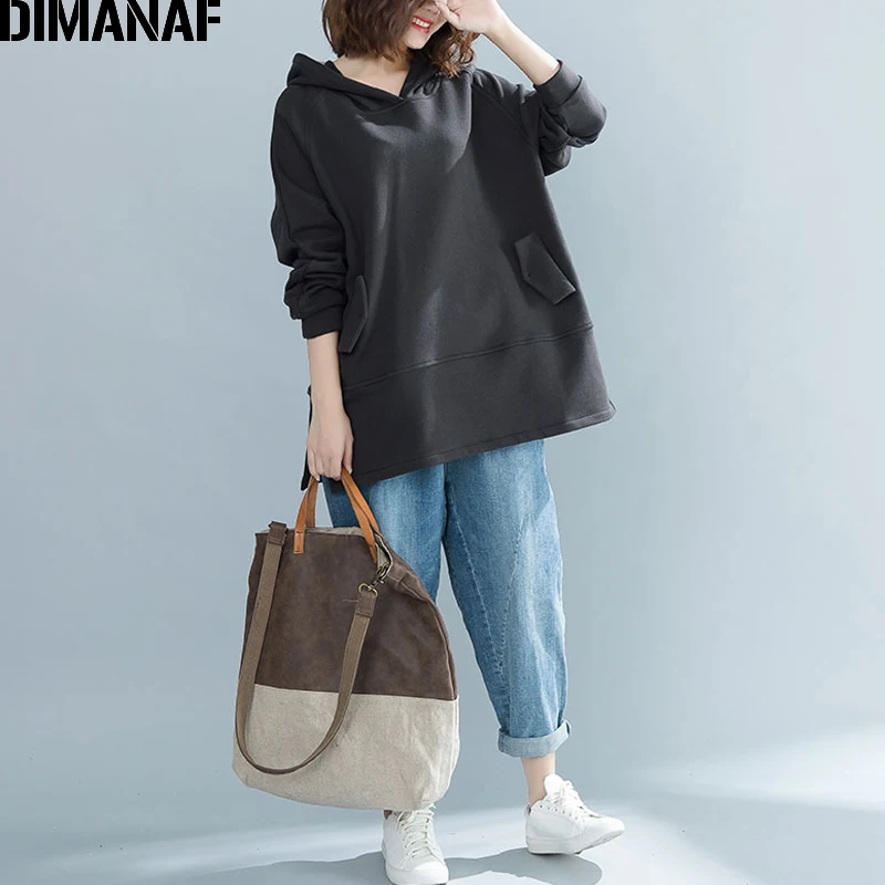

DIMANAF Women Plus Size Hoodies Sweatshirts Long Autumn Winter Cotton Thicken Female Clothes Pullover Ladies Tops Loose 2018 New